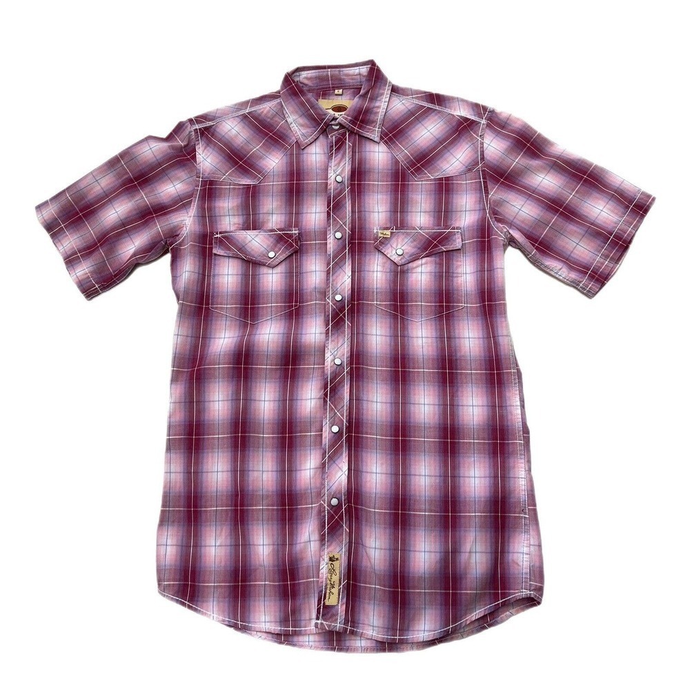 Larry Mahan Western Shirt Men Small Pink Plaid Pearl Snap Short Sleeve Cotton